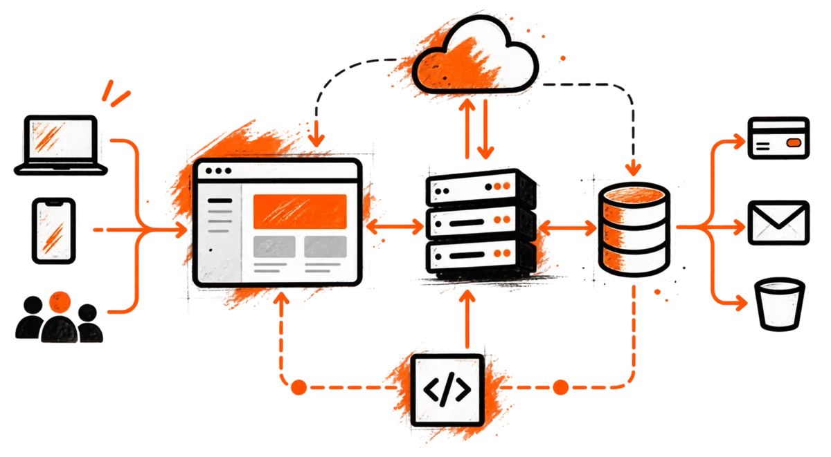 Diagram of the Arki architecture: web, API, database, cloud, payments, and emails connected